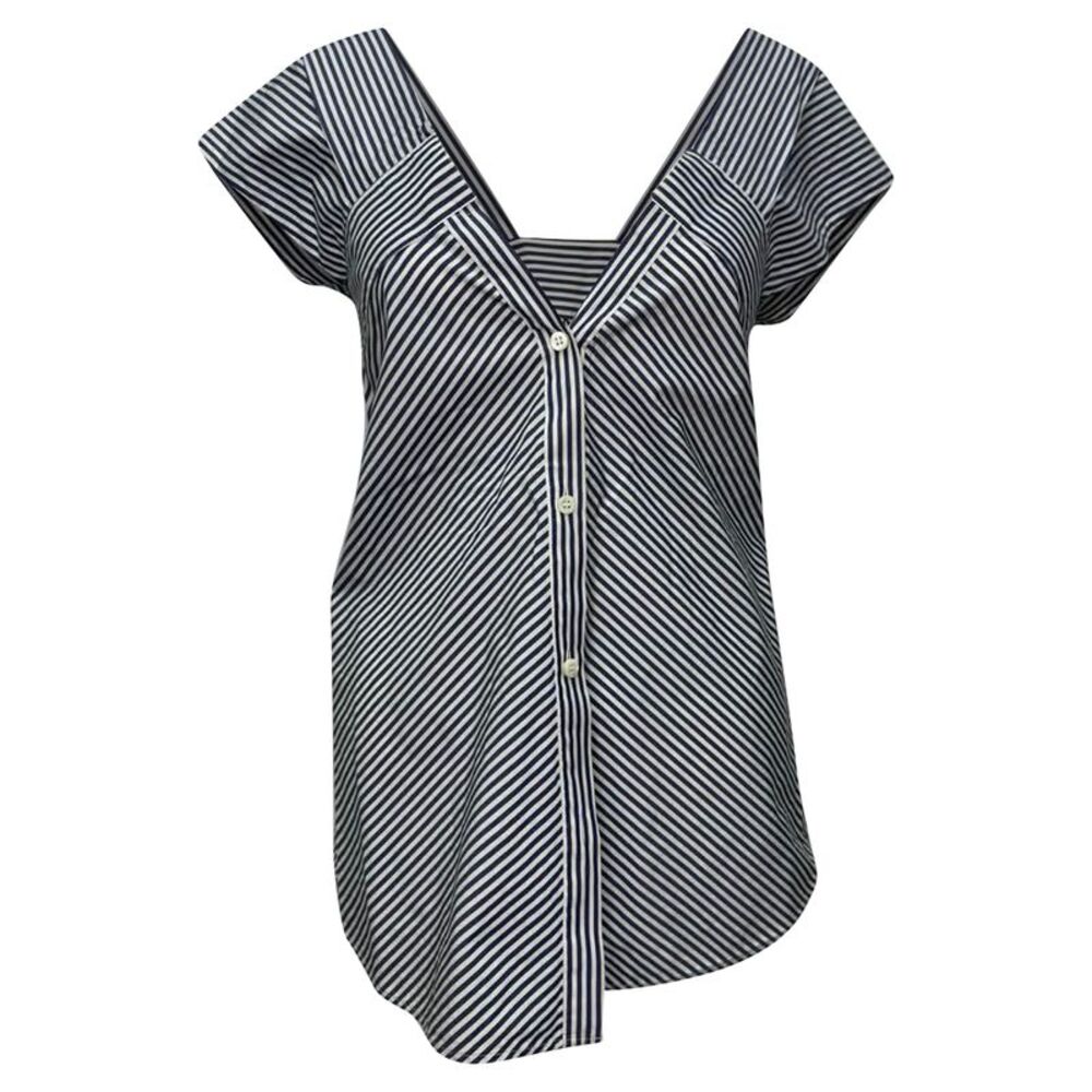Theory Off Shoulder Striped Top in Blue Cotton